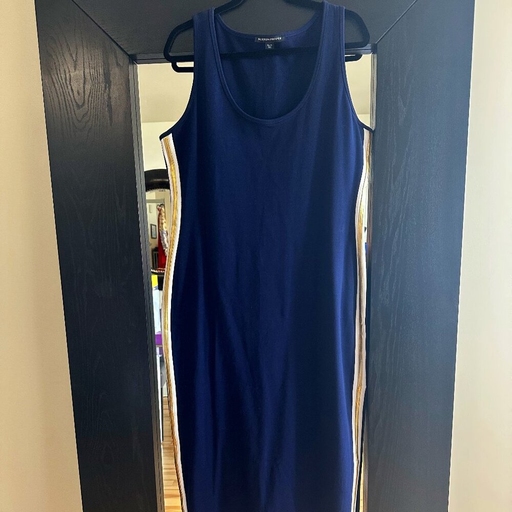 Boston Proper NVR Worn! Side Stripe Maxi Sport Dress -Navy Blue/Gold Strip